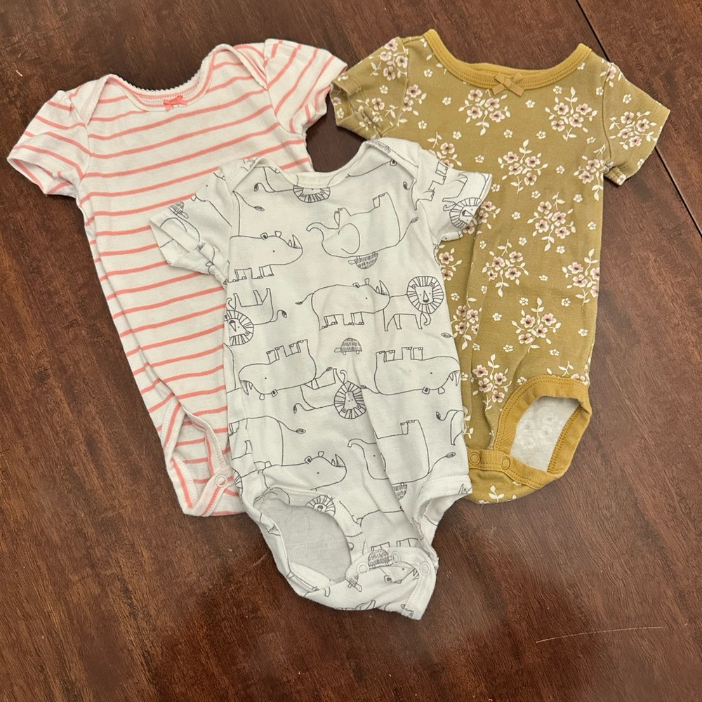3-Pack Baby One-Piece Bodysuits - Pink Stripe, Gray Safari, Mustard Floral